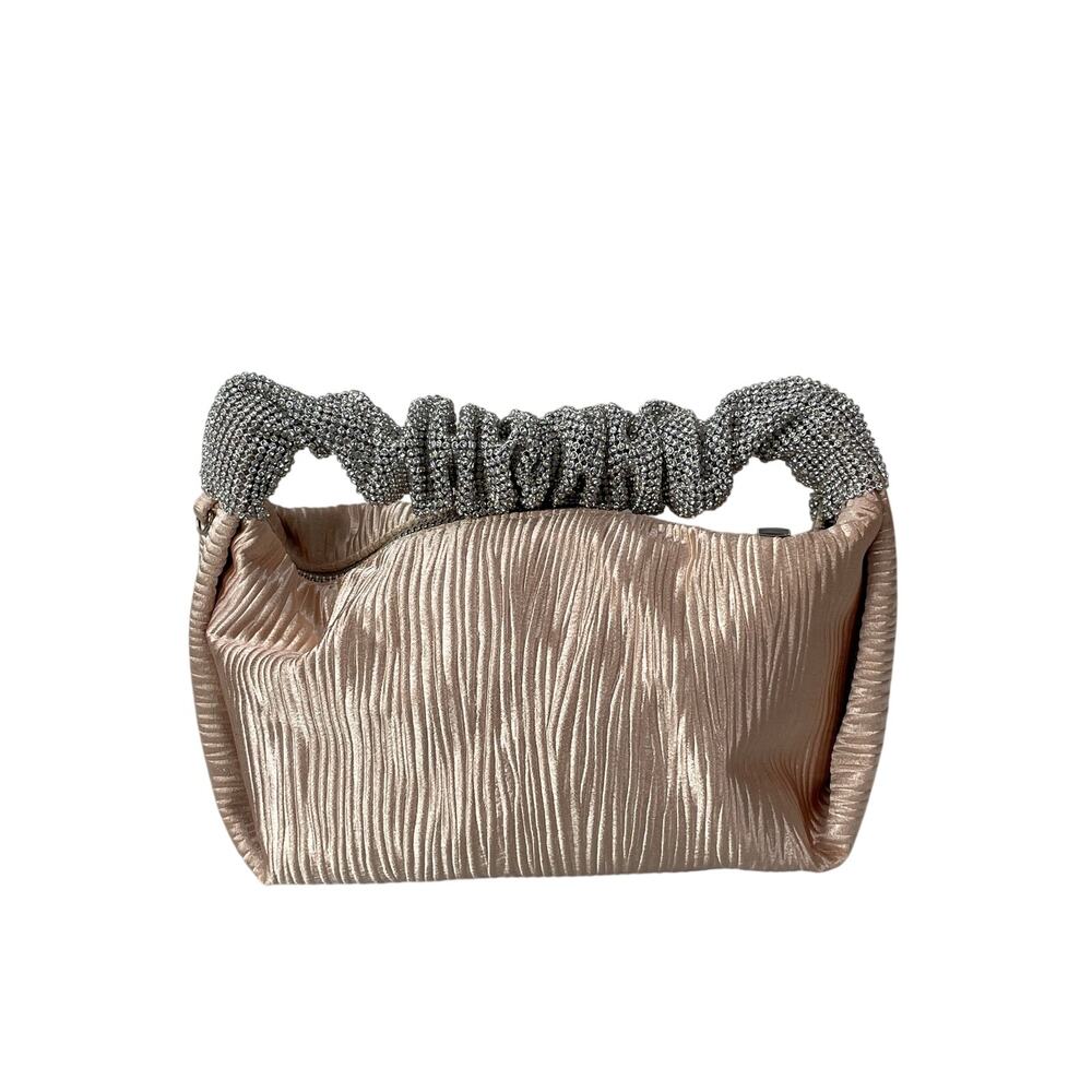 Anna Cecere Pink Metallic Pleated Rhinestone Clutch Purse Evening Handbag OS